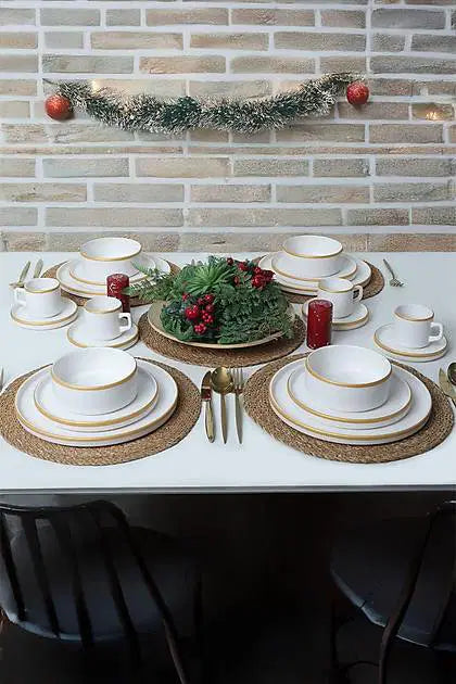 KERAMIKA Mat Beyaz Gold Fileli Stackable Yemek / Kahvaltı Takımı 20 Parça