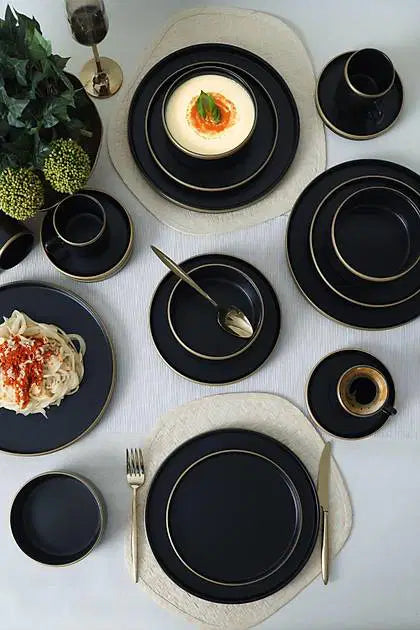 KERAMIKA Mat Siyah Gold Fileli Stackable Yemek / Kahvaltı Takımı 20 Parça