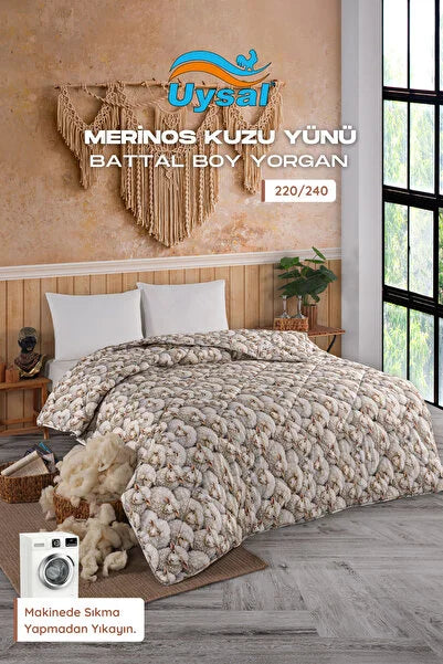 UYSAL %100 PAMUK KUZU BASKILI BATTAL BOY MERİNOS KUZU YÜNÜ YORGAN 220x240 V1