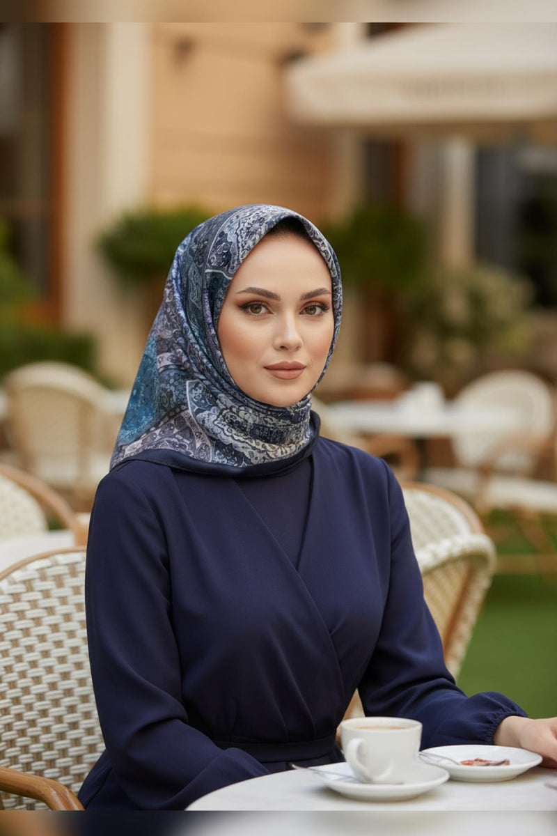 Afvente - Etnik Desen Lacivert Soft Pamuk Eşarp