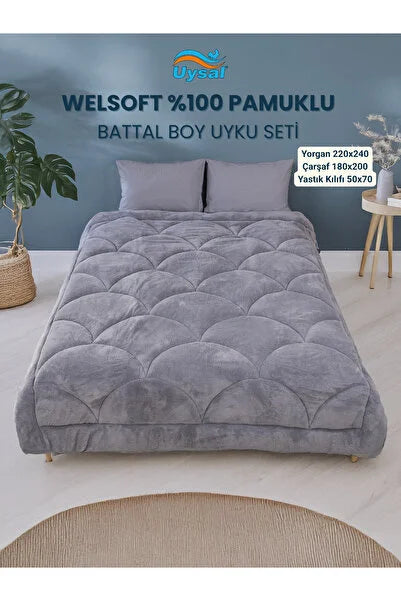 UYSAL WELSOFT AKFİL MİDYE DESEN BATTAL BOY UYKU SETİ ANTRASİT 220x240