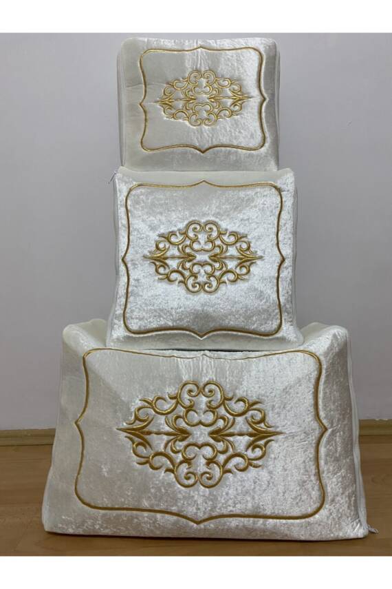 Çeyizlik Kadife Gold Işlemeli 3’lü Krem Bohça Nişan Gelin Damat Hurcu (Bej)