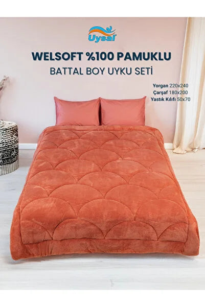 UYSAL WELSOFT AKFİL MİDYE DESEN BATTAL BOY UYKU SETİ TURUNCU 220x240