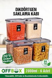 OFFBOX 6 Adet 12 Parça Dikdörtgen 2 Litre Erzak Bakliyat Saklama Kabı Çeyiz Seti