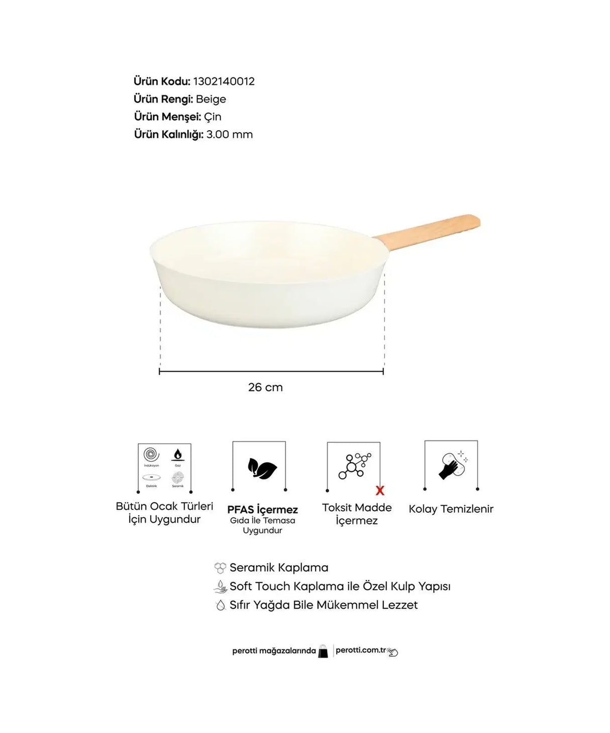 PEROTTI Danish Cook Beige İndüksiyon Tabanlı Tava 26 cm