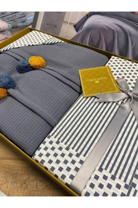 Pamuklu Çift Kişilik Yatak Örtüsü Pike, Waffle Desen, Ponponlu Pike Takımı (GRİ)