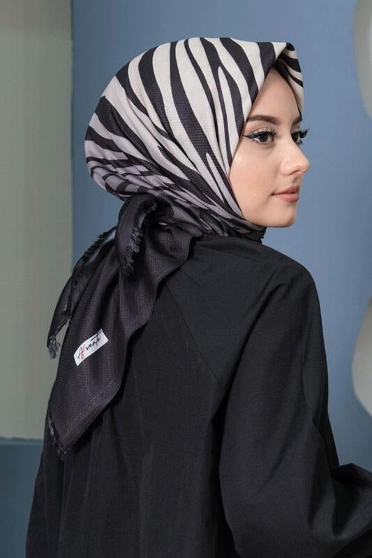 Afvente - Zebra Desen Siyah Pamuk Eşarp