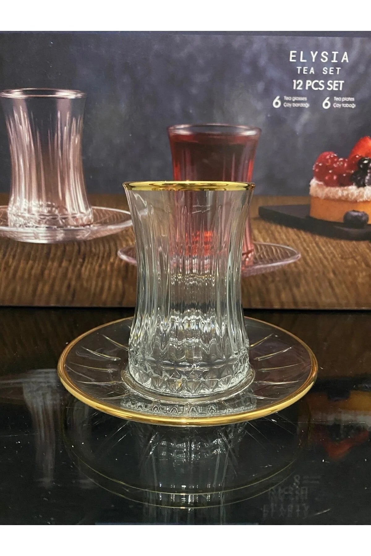 Paşabahçe 6 Kişilik Çay Seti Elysia Agız Boyalı Yaldızlı Çay Takımı Seti Tabak