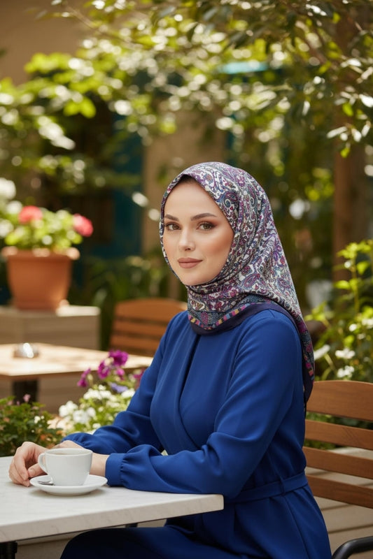 Afvente - Etnik Desen Lacivert Soft Pamuk Eşarp