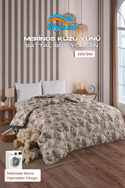 UYSAL %100 PAMUK KUZU BASKILI BATTAL BOY MERİNOS KUZU YÜNÜ YORGAN 220x240 V2