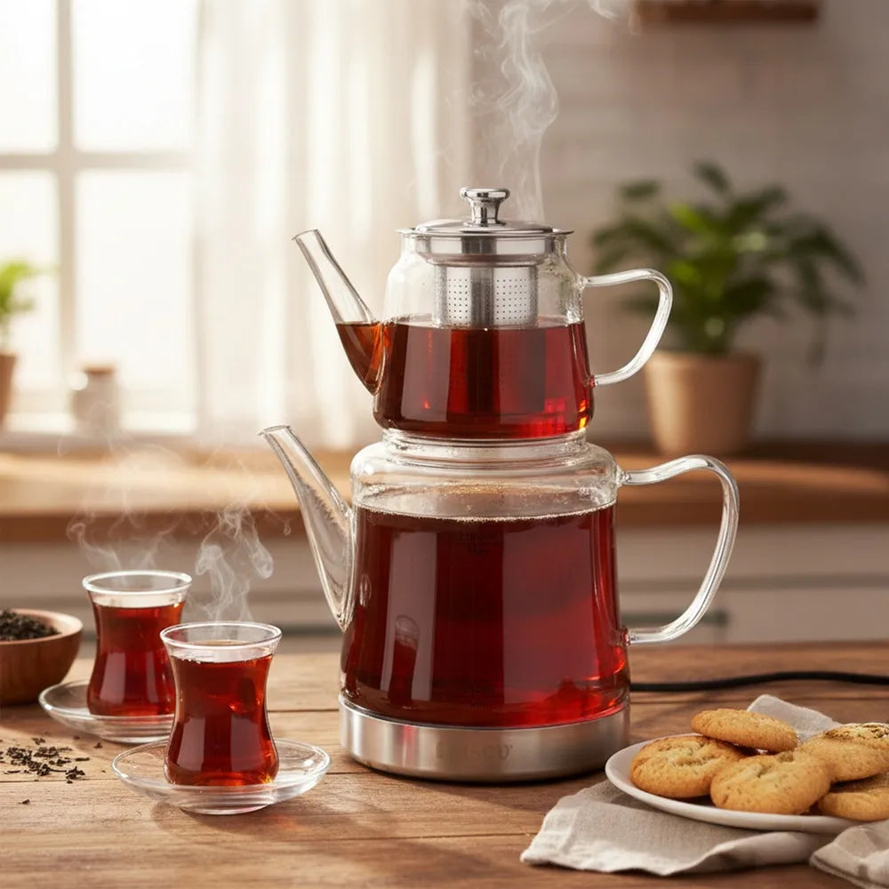Taşev Gramor Çelik İndüksiyon Tabanlı Cam Çaydanlık - Şeffaf - 1,8 lt + 600 ml