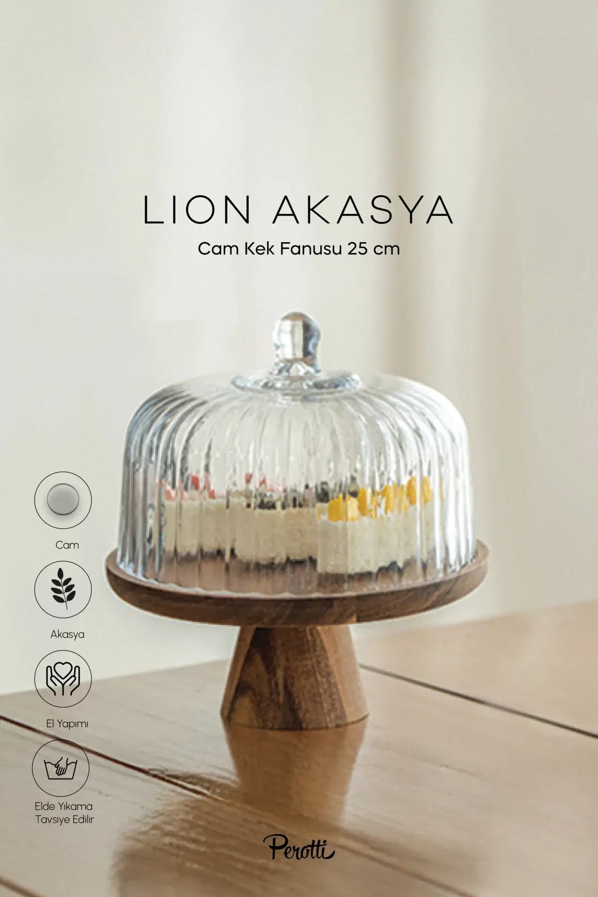 PEROTTI Lion Akasya Standli Cam Kek Fanusu Ayakli 25 cm Orta Boy