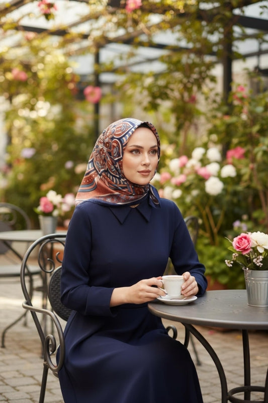 Afvente - Geometrik Desen Lacivert Soft Pamuk Eşarp