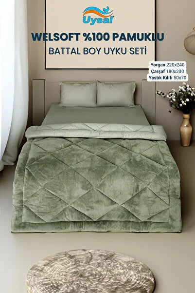 UYSAL WELSOFT AKFİL BATTAL BOY UYKU SETİ 220x240 YEŞİL