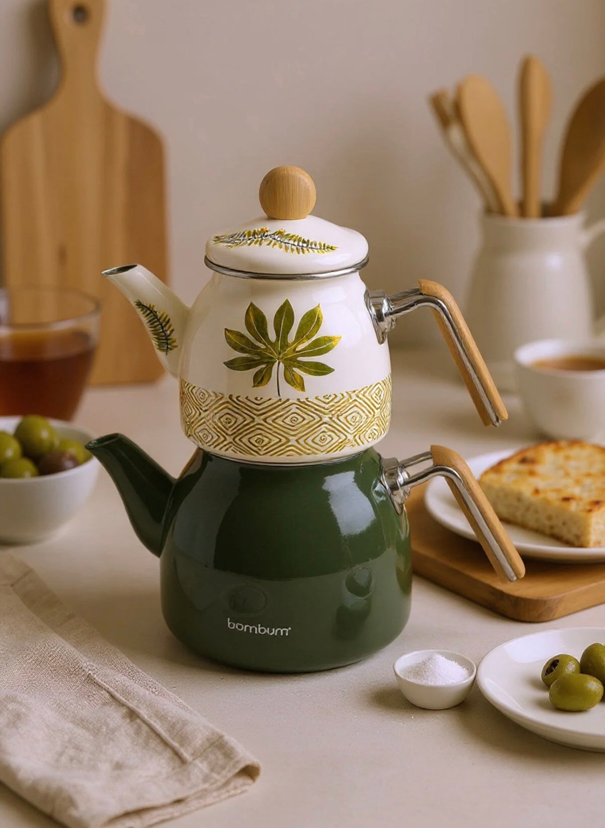 Bambum Unique Bambu Kulplu Emaye Çaydanlık Takımı Herb