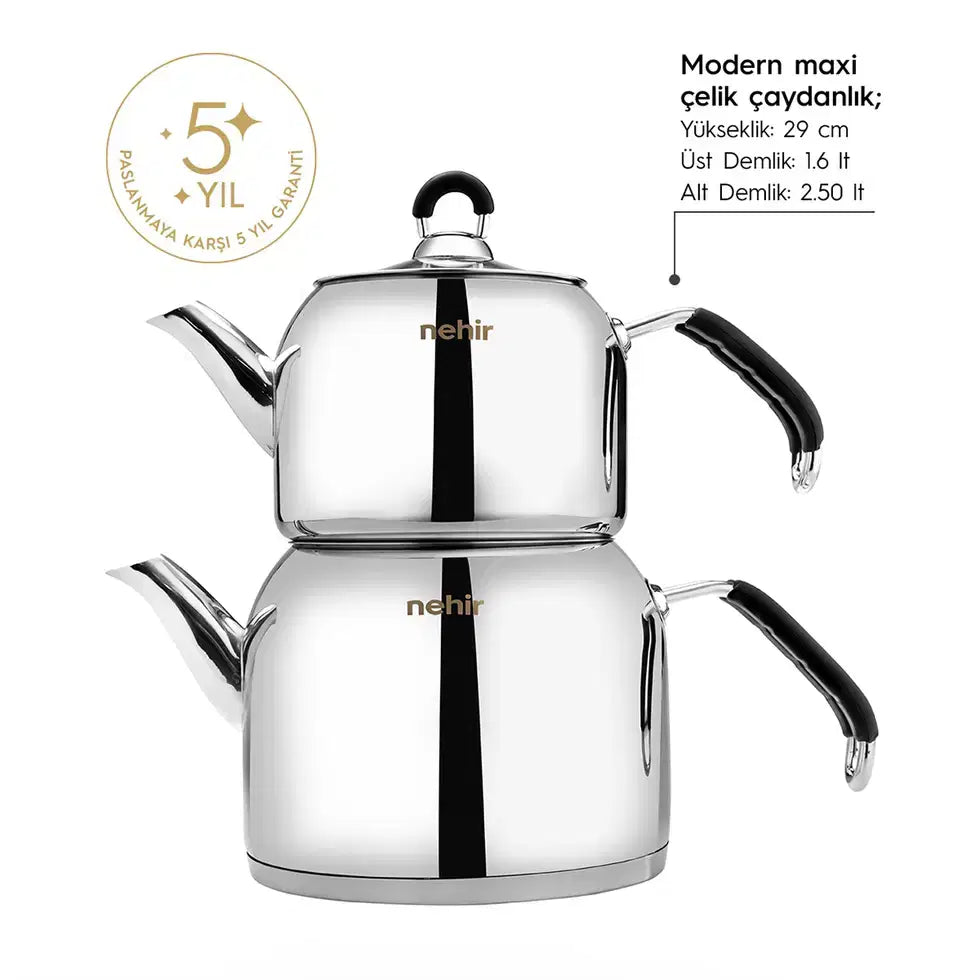 NEHIR Modern Maxi Büyük Boy Paslanmaz Çelik Çaydanlık Takımı 1.6-2.5 L
