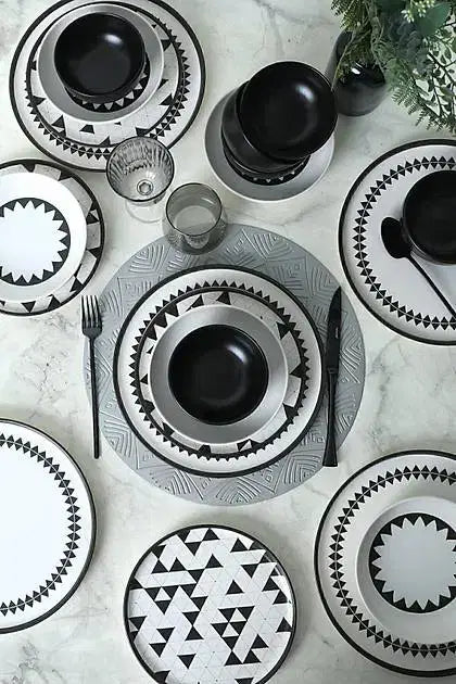 KERAMIKA Keraart Black Pattern Nordic Yemek Takımı 24 Parça 6 Kişilik 21478