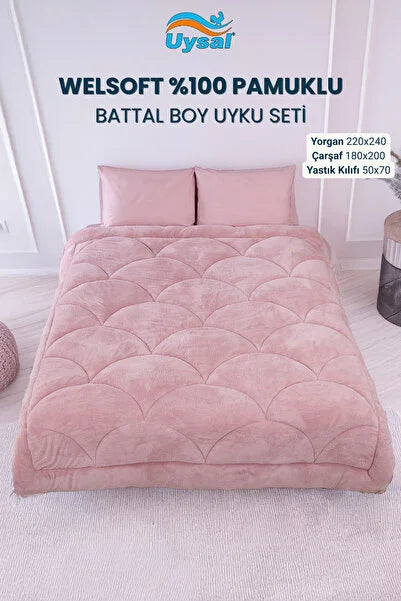 UYSAL WELSOFT AKFİL MİDYE DESEN BATTAL BOY UYKU SETİ PUDRA 220x240