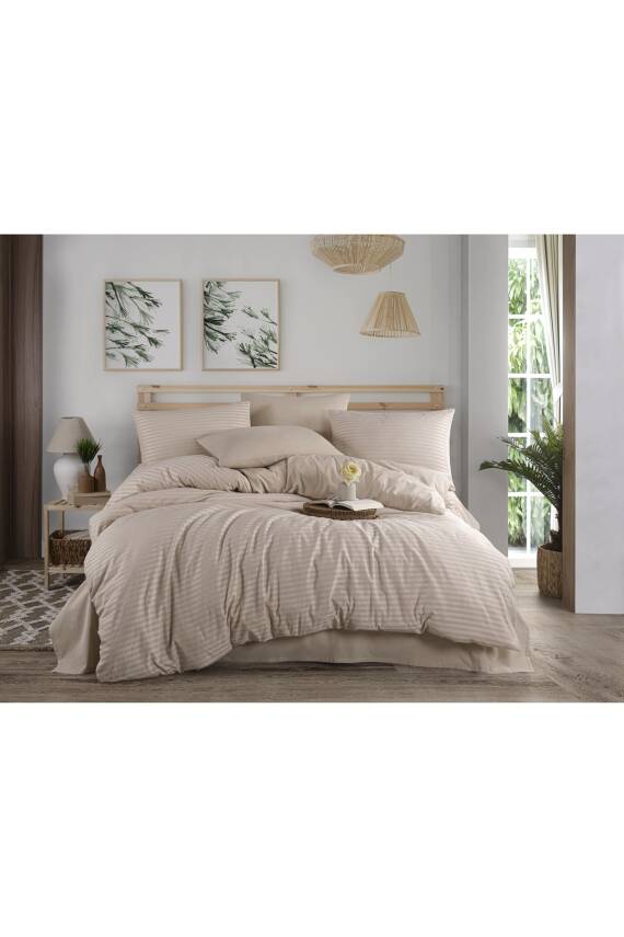 Naturel Stripe Pamuk Çift Kişilik Nevresim Takımı (Bej)