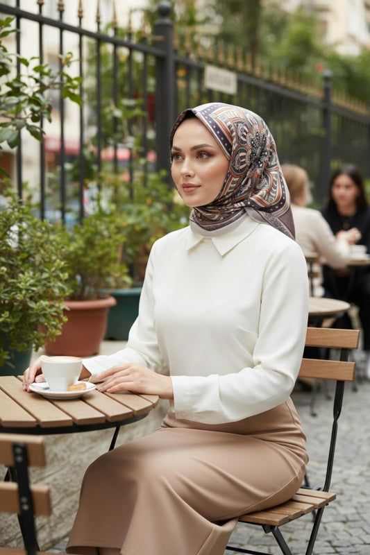 Afvente - Geometrik Desen Bej Soft Pamuk Eşarp