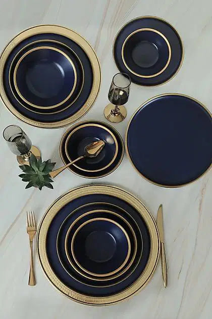 KERAMIKA Mat Lacivert Gold Fileli Yemek Takımı 24 Parça 6 Kişilik
