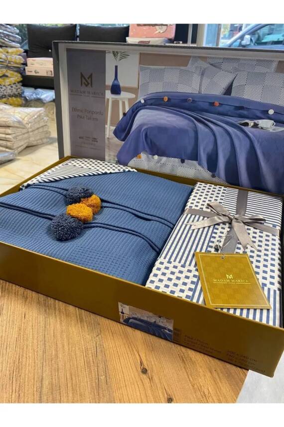 %100 Pamuklu Çift Kişilik Yatak Örtüsü Pike, Waffle Desen, Ponponlu Pike Takımı