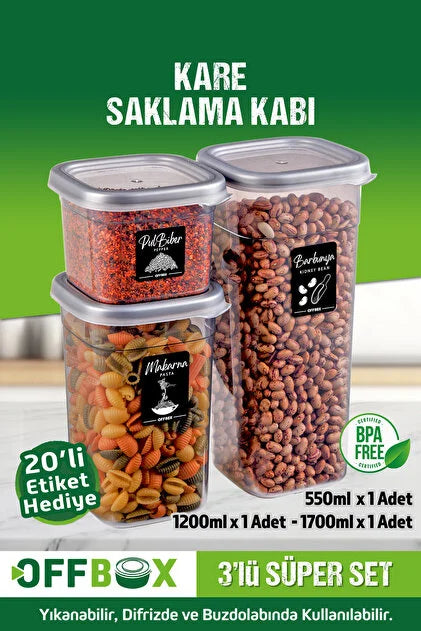 OFFBOX 3 Lü 6 Parça Kare Erzak Saklama Kabı Baharat Seti 0,55-1,2-1,7 Litre 20 E