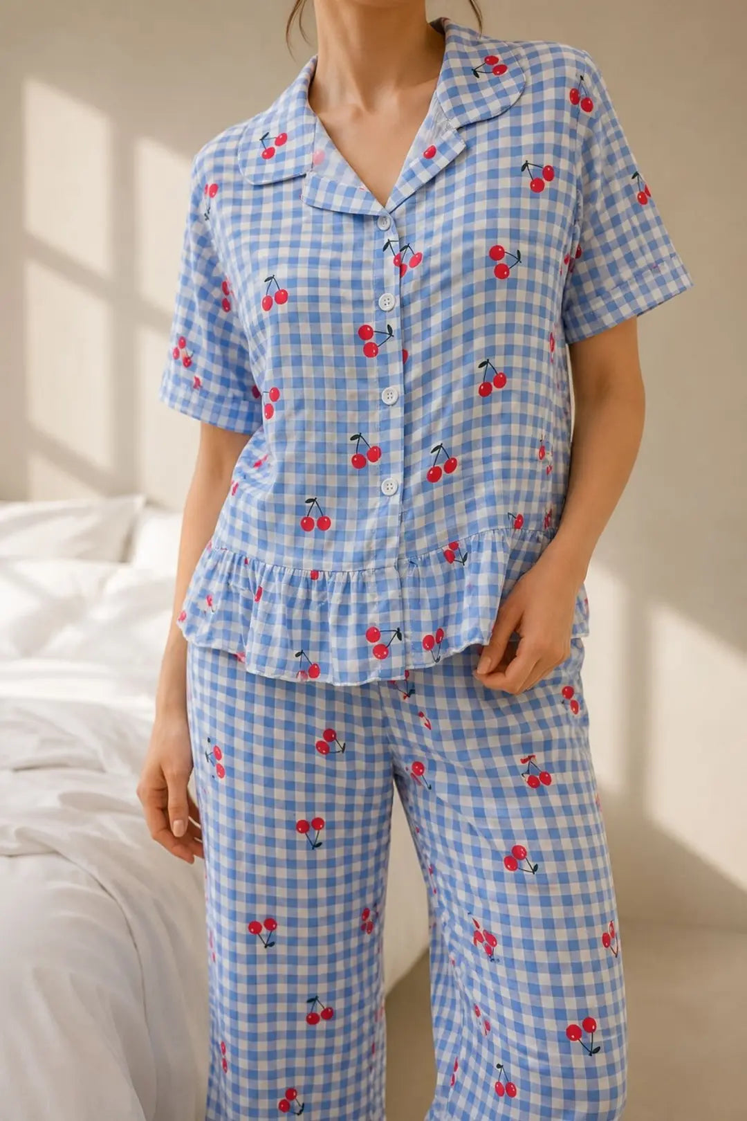 Bella Notte Kadın Mavi Pötikare Kiraz Desenli Fırfırlı Pijama Takımı 61239 - Mavi