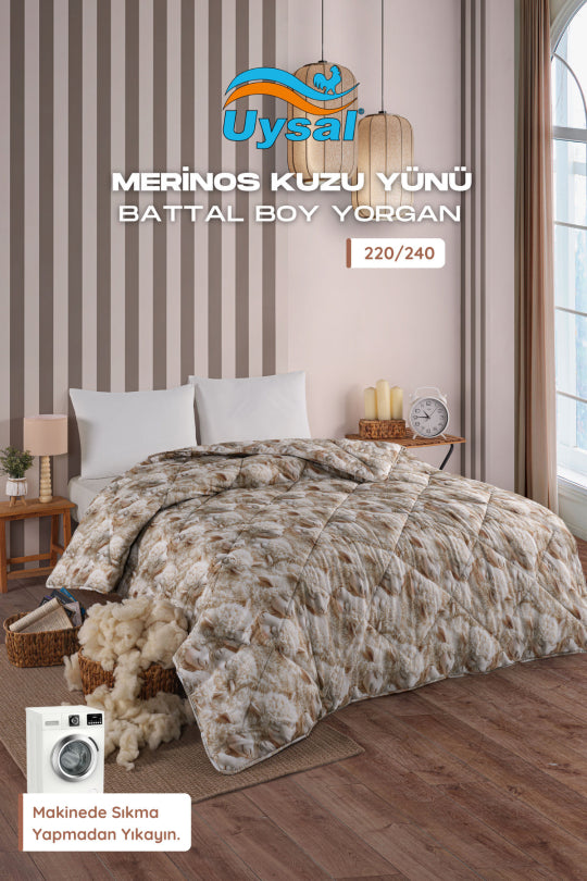 Uysal Home Merinos Kuzu Yünü Yorgan %100 Pamuklu Kuzu Desenli V2 Battal Boy