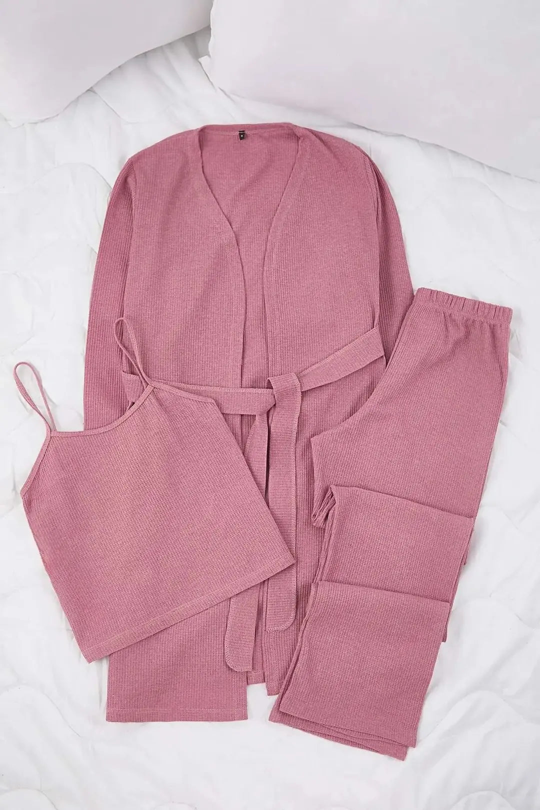 Bella Notte Kadın Gül Kurusu Waffle Dokulu 3’lü Sabahlıklı Pijama Takımı 61113 - Gül Kurusu