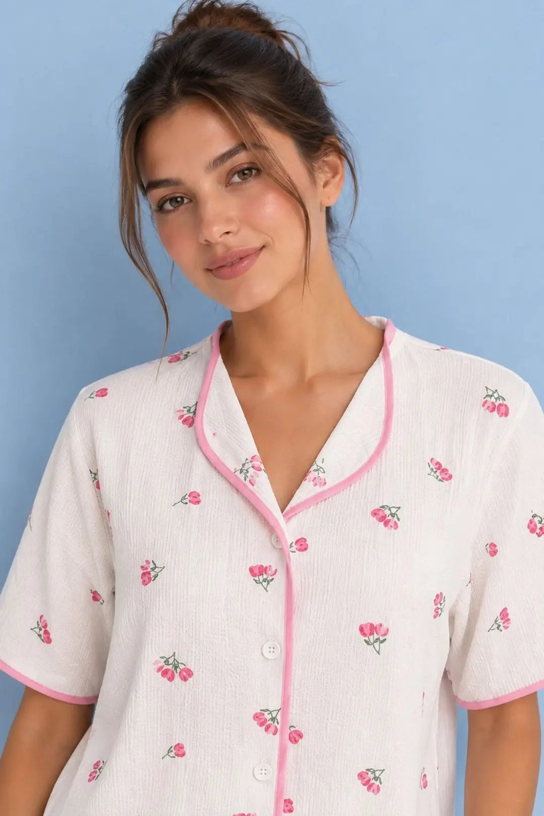 Bella Notte Ekru Pembe Çiçek Desenli Biyeli Pijama Takımı 61043 - Ekru