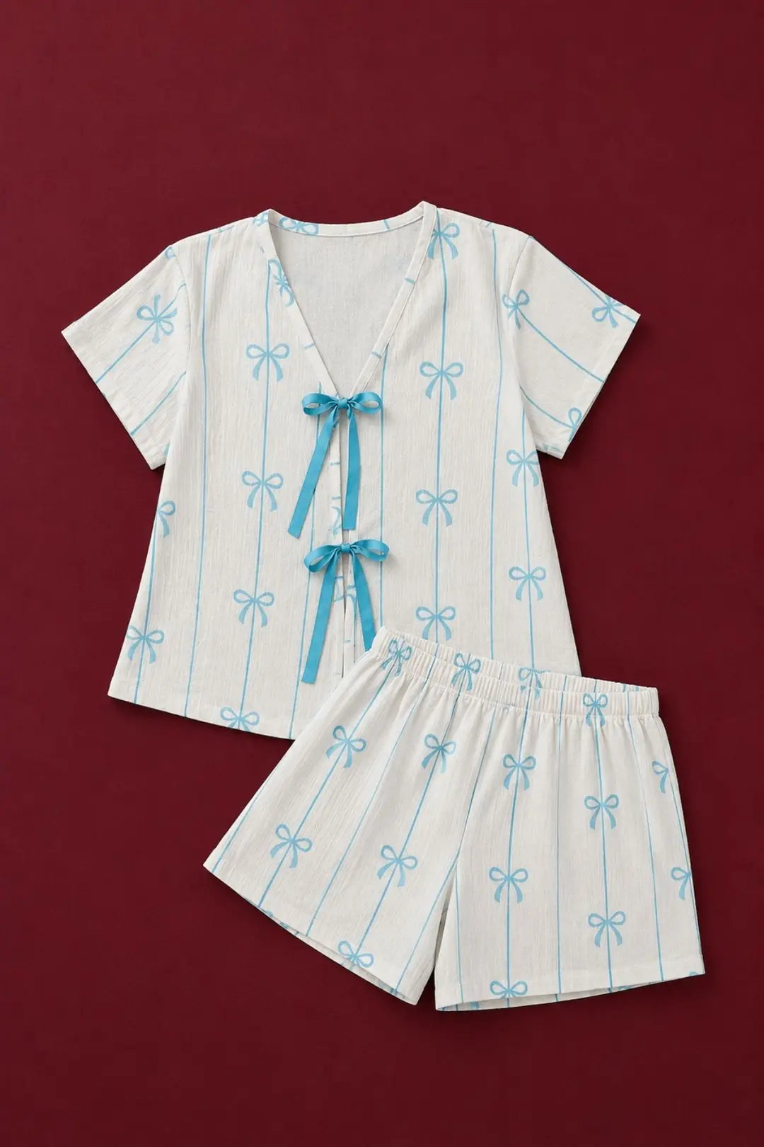 Bella Notte Ekru Zeminli Mavi Fiyonk Desenli Önden Bağlamalı Şortlu Pijama Takımı 79241 - Ekru