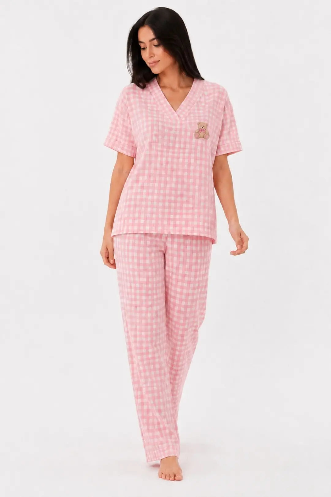 Bella Notte Pembe Beyaz Pötikare V Yaka Kısa Kollu Pijama Takımı 61251 - Pembe