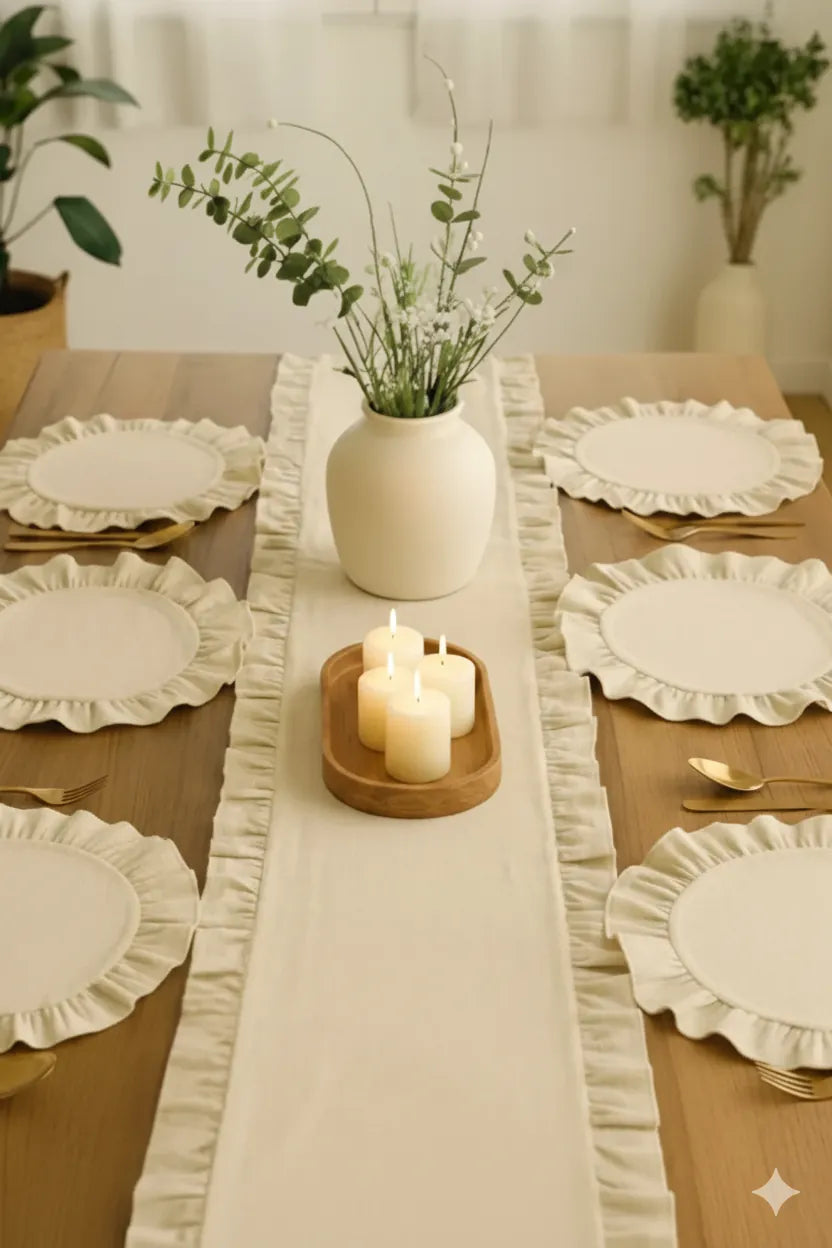 Fırfırlı Keten Runner & 6'lı Fıfırlı Supla Seti - Premium Seri 7 Parça Çeyiz Seti 40x110cm
