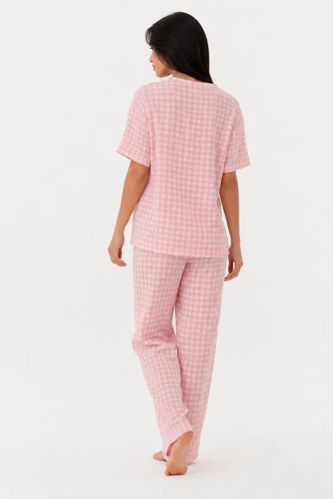 Bella Notte Pembe Beyaz Pötikare V Yaka Kısa Kollu Pijama Takımı 61251 - Pembe