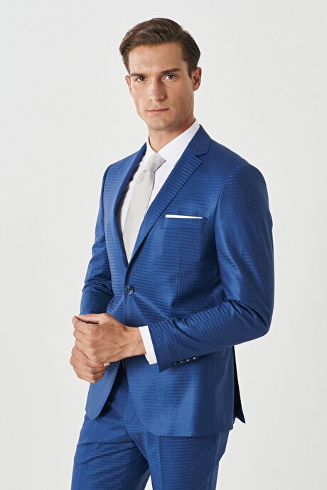 Ekstra Slim Fit Dar Kesim Mono Yaka Kareli Klasik Mavi Takım Elbise