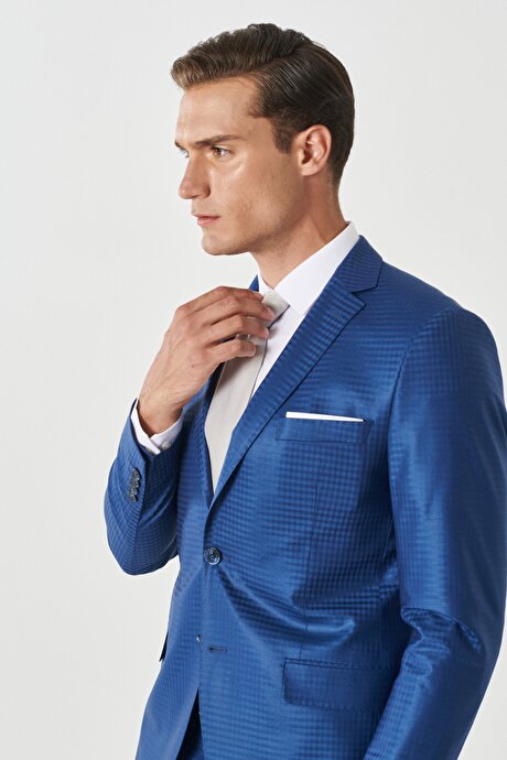 Ekstra Slim Fit Dar Kesim Mono Yaka Kareli Klasik Mavi Takım Elbise
