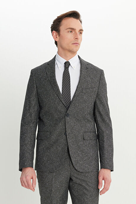 Slim Fit Mono Yaka Kapak Cepli Tweet Desenli Esnek Siyah-Gri Takım Elbise