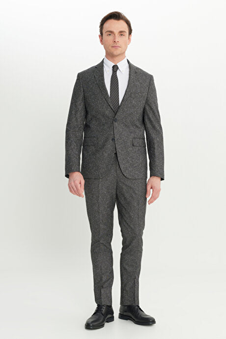 Slim Fit Mono Yaka Kapak Cepli Tweet Desenli Esnek Siyah-Gri Takım Elbise