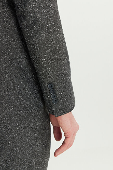 Slim Fit Mono Yaka Kapak Cepli Tweet Desenli Esnek Siyah-Gri Takım Elbise