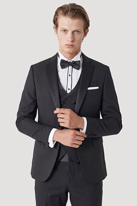 Slim Fit Dar Kesim Mono Yaka Desenli Siyah Smokin Takım