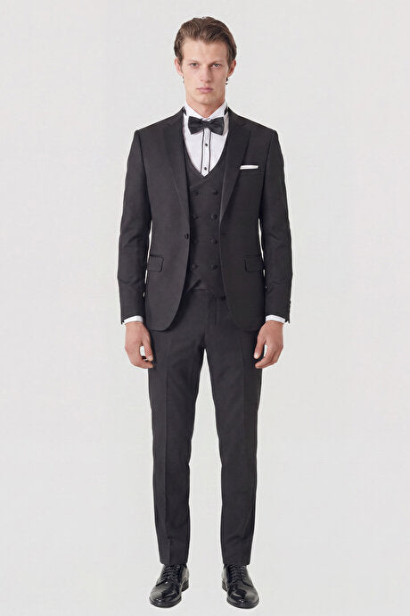 Slim Fit Dar Kesim Mono Yaka Desenli Siyah Smokin Takım