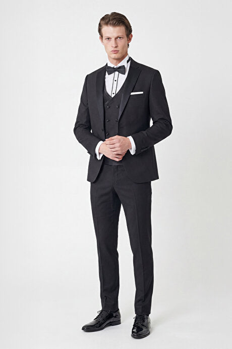 Slim Fit Dar Kesim Mono Yaka Desenli Siyah Smokin Takım