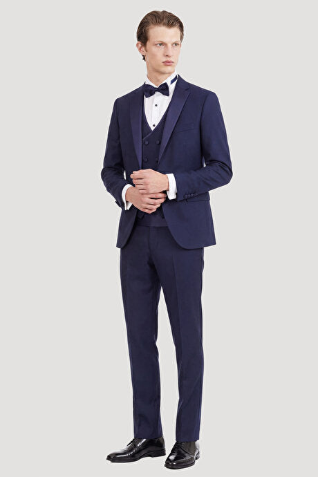 Slim Fit Dar Kesim Mono Yaka Desenli Lacivert Smokin Takım