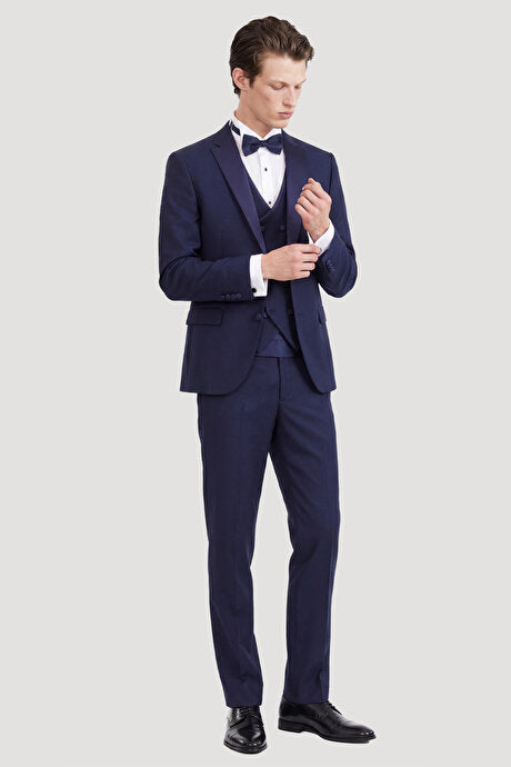 Slim Fit Dar Kesim Mono Yaka Desenli Lacivert Smokin Takım