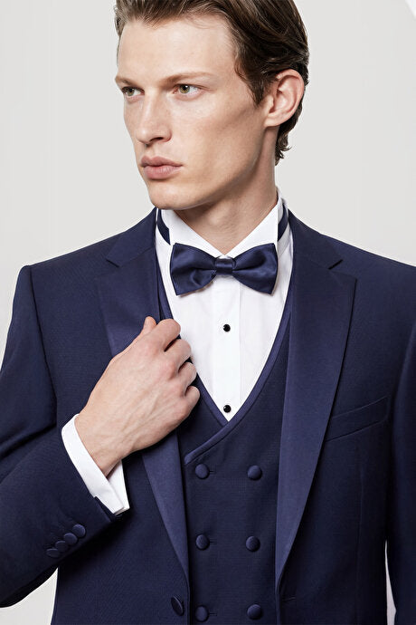 Slim Fit Dar Kesim Mono Yaka Desenli Lacivert Smokin Takım