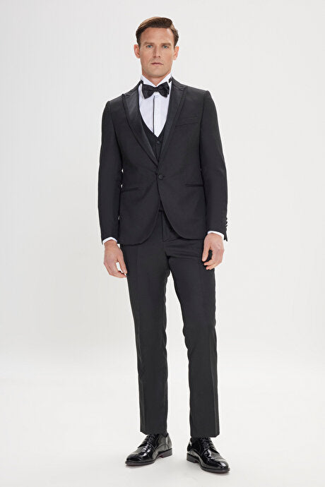 Slim Fit Dar Kesim Kırlangıç Yaka Desenli Yelekli Klasik Siyah Smokin Takım