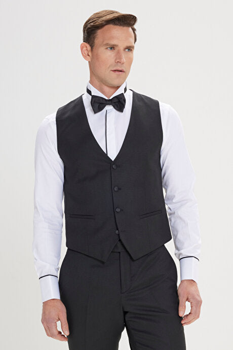 Slim Fit Dar Kesim Kırlangıç Yaka Desenli Yelekli Klasik Siyah Smokin Takım