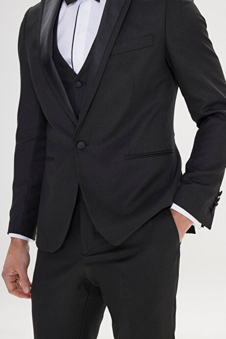 Slim Fit Dar Kesim Kırlangıç Yaka Desenli Yelekli Klasik Siyah Smokin Takım