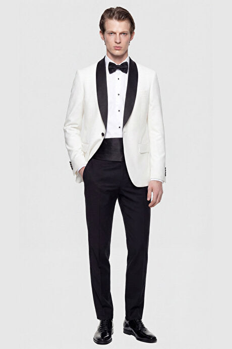 Slim Fit Dar Kesim Mono Yaka Desenli Beyaz-Lacivert Smokin Takım